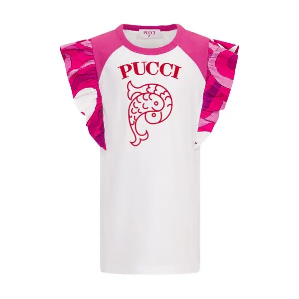 Logo Cotton Dress with Marmo Ruffle Sleeves