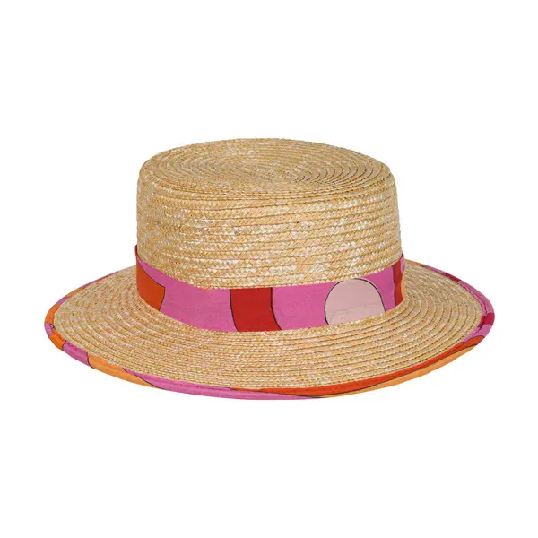 Woven Straw Boater Hat with Pink Abstract Print Band