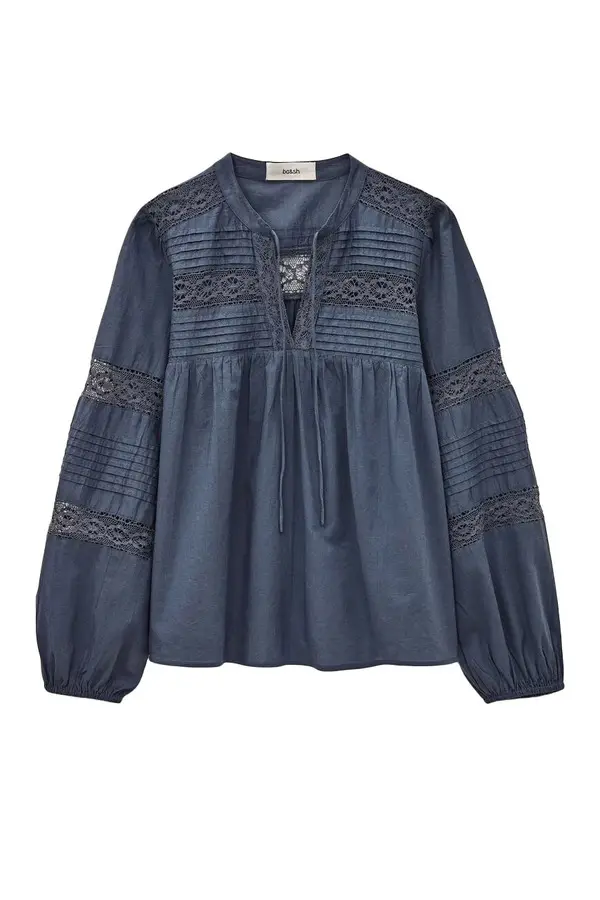 Embroidered Lace Pintuck Long Sleeve Blouse