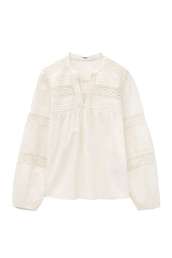 Embroidered Lace Pintuck Long Sleeve Blouse