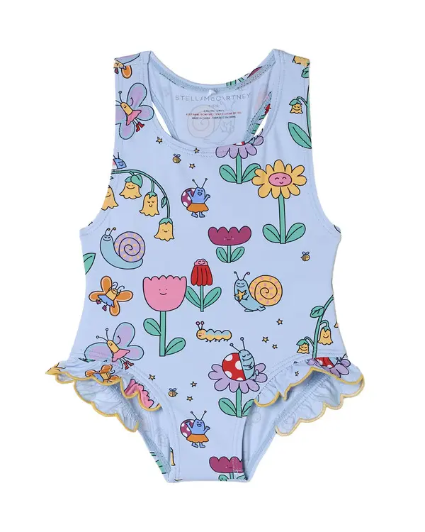 One-Piece Swimsuit with Floral and Insect Print