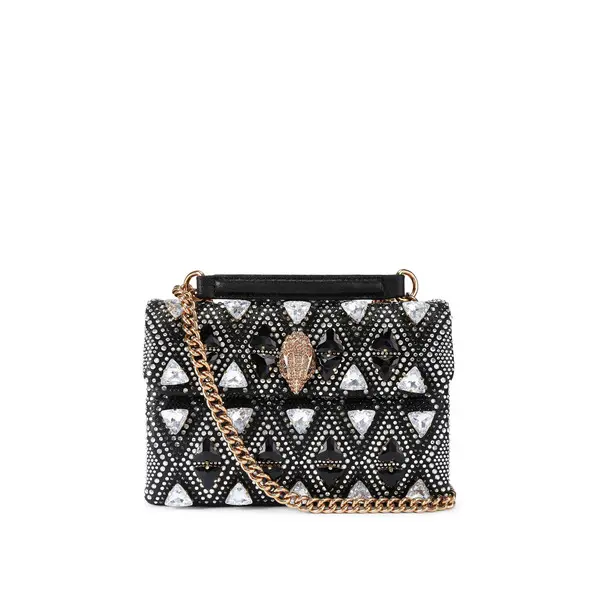 Mini Silver Grid Crystal Kensington Crossbody Bag with Gold Chain