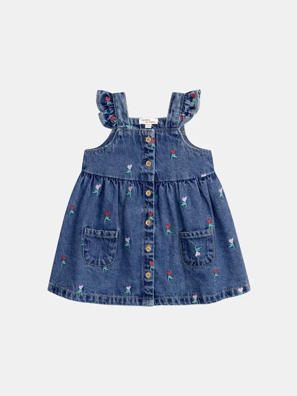 Denim Dress with Floral Heart Embroidery for Baby Girl