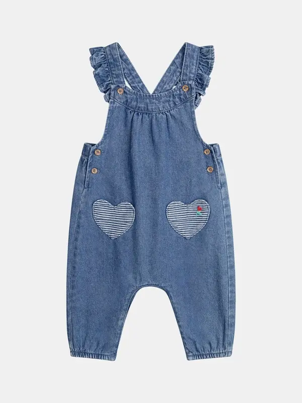 Denim Overalls with Embroidered Heart Pockets