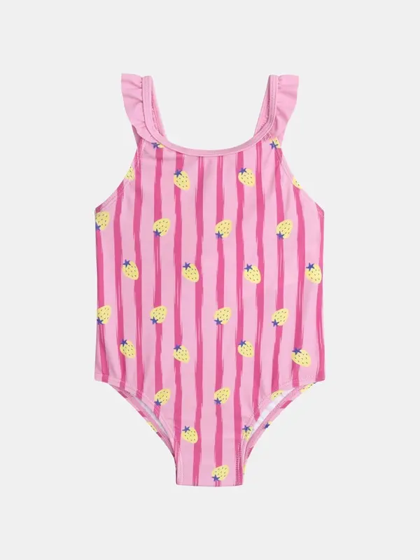 One-piece Striped Pink Swimsuit with Strawberries Prints