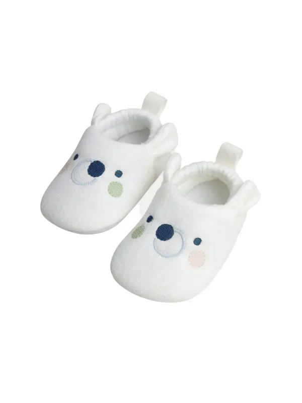 Soft White Baby Booties with Embroidered Animal Face