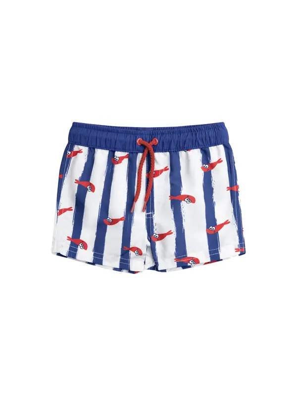 Striped Swim Shorts with Shrimp Print