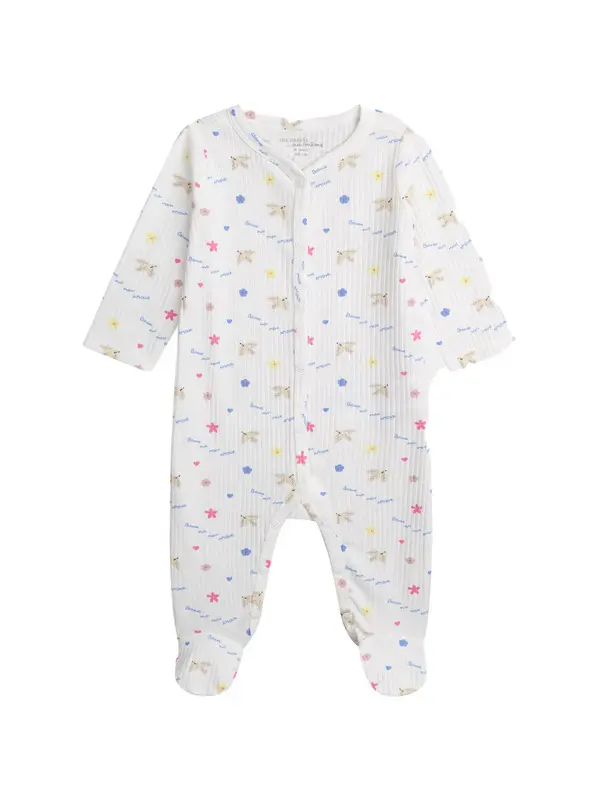 Kids Baby Girl Ribbed Footed Pajamas with Floral & Heart Print