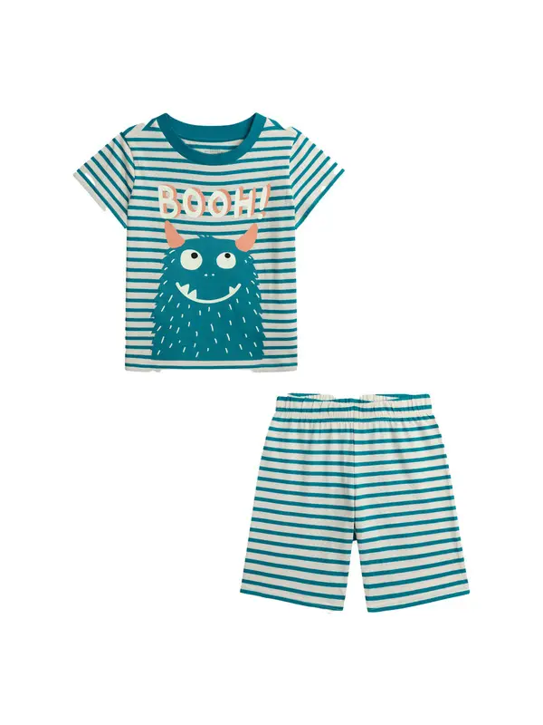 Phosphorescent Striped Short Pyjamas with "Funny Monster" Pattern Image