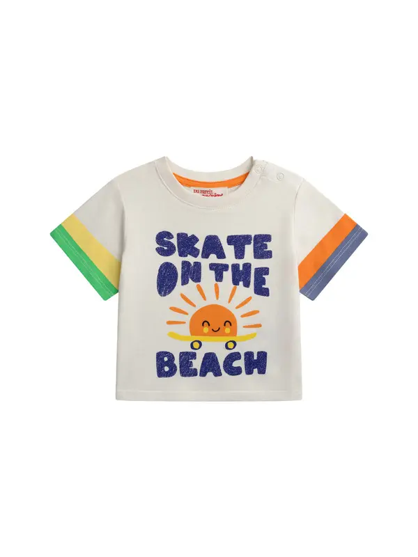 "Skate on the Beach" Striped Sleeve Graphic T-shirt