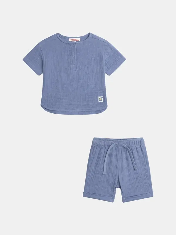Cotton Muslin Henley Shirt and Shorts 2-Piece Set