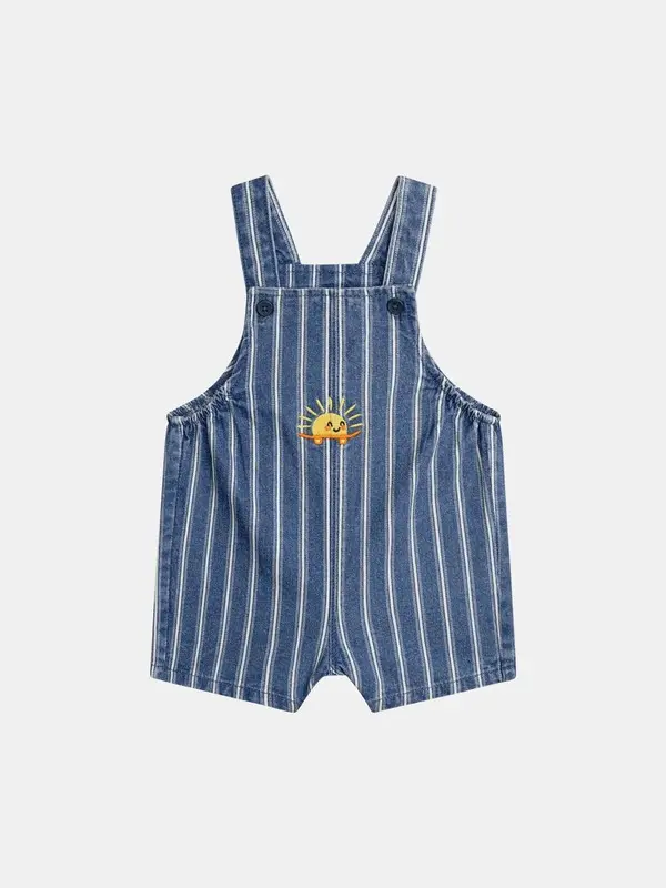 Blue & White Striped Denim Overalls with Sun Embroidery