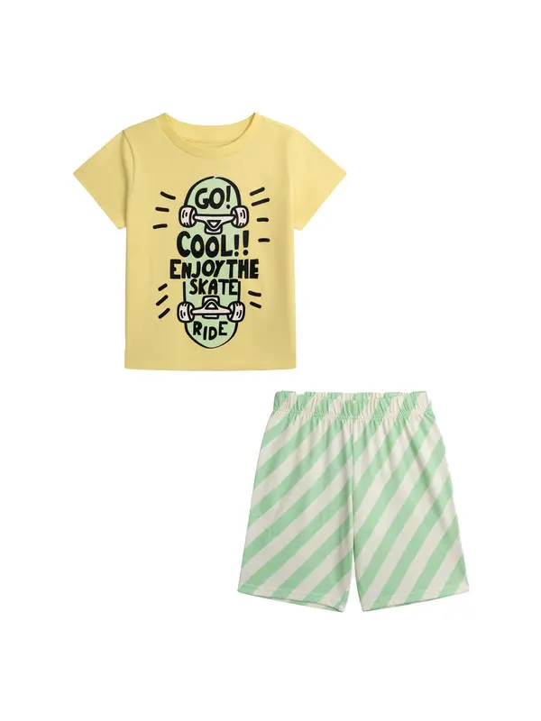 Kids Boys Yellow T-shirt & Mint Striped Shorts Set with "Enjoy the Skate Ride" Print