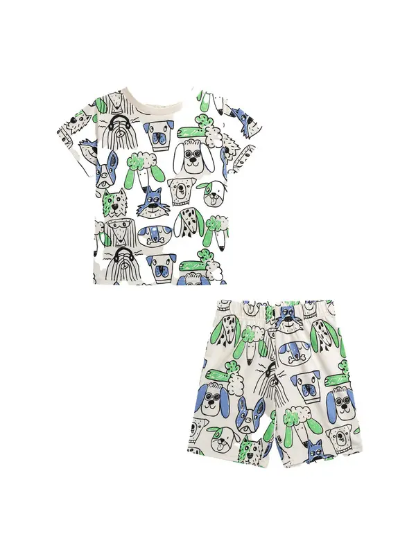 All-Over Dog Print T-Shirt and Shorts 2-Piece Cotton Set