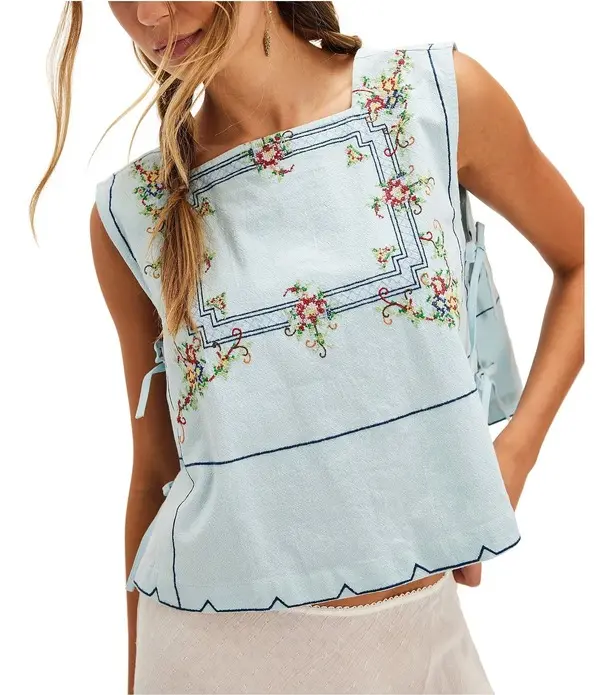Embroidered Square Neck Sleeveless Top