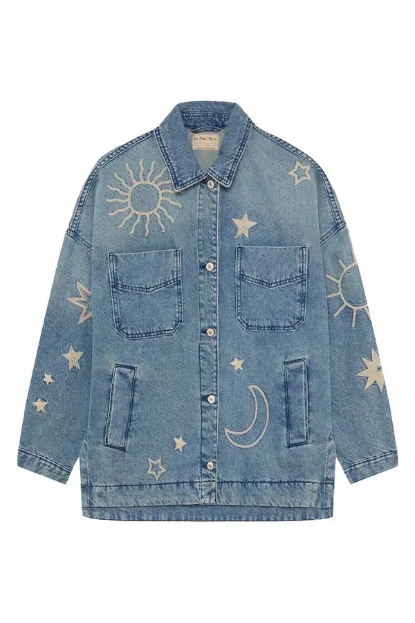 Embroidered Long Denim Jacket