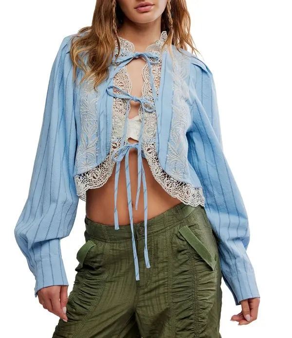 Tie Front Lace Trim Long Balloon Sleeve Blouse