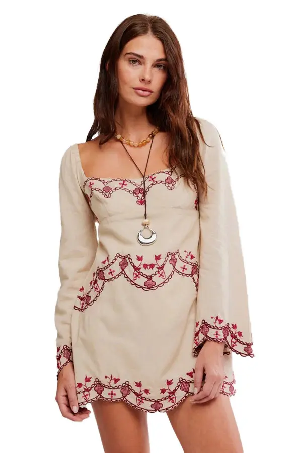 Bohemian Embroidered Mini Dress with Flared Bell Sleeves