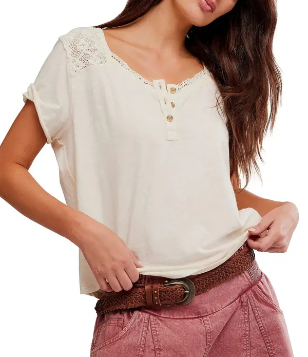 Short Sleeve Top with Lace Shoulder Insets