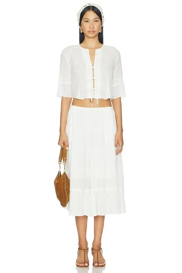 Tie-Front Crop Top & Matching Skirt Bohemian Tiered Midi Set 