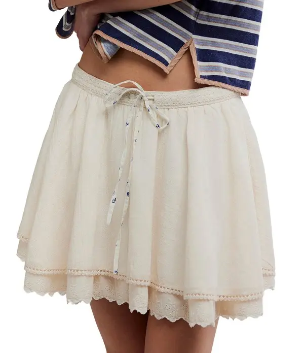 Eyelet Tiered Hem Mini Skirt