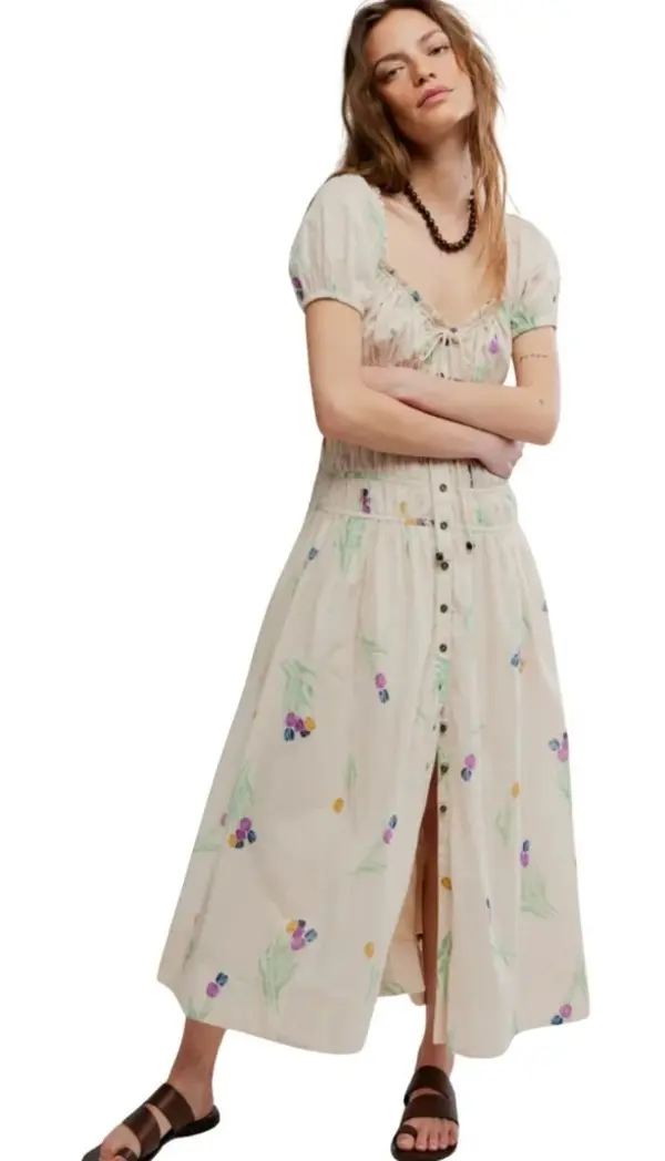 Floral Puff-Sleeve Midi Dress with Button Detailing