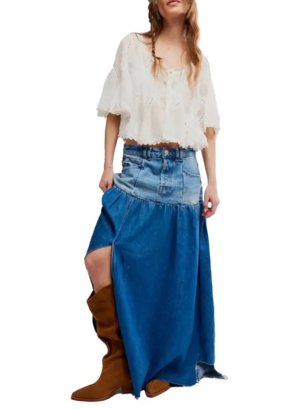 Mixed Denim Maxi Skirt