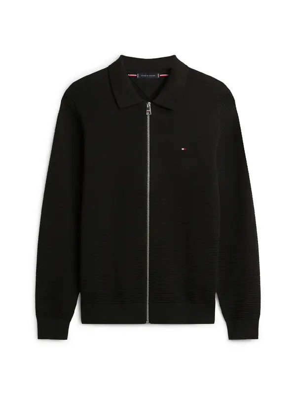 Textured Knit Zip-Thru Polo Cardigan