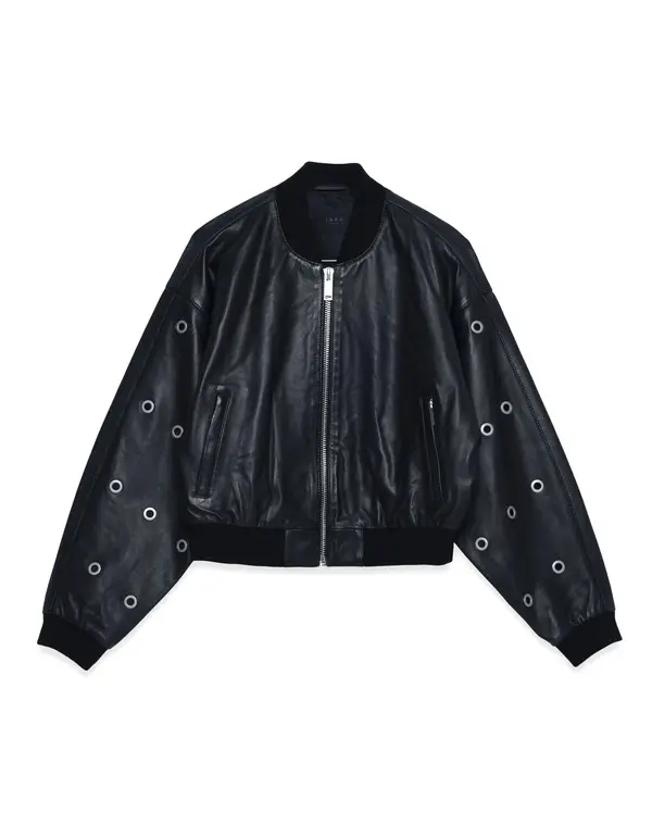 Leather Short Bomber Jacket with Maxi Eyelet Design