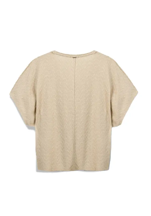 Flowing V-Neck Herringbone Knit T-Shirt