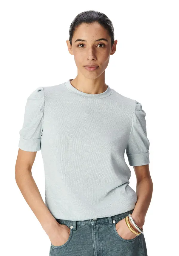 Sequined Round Neck T-shirt With Gathered Sleeves