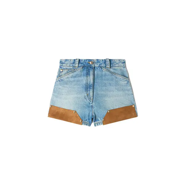 Riveted Denim & Suede Shorts