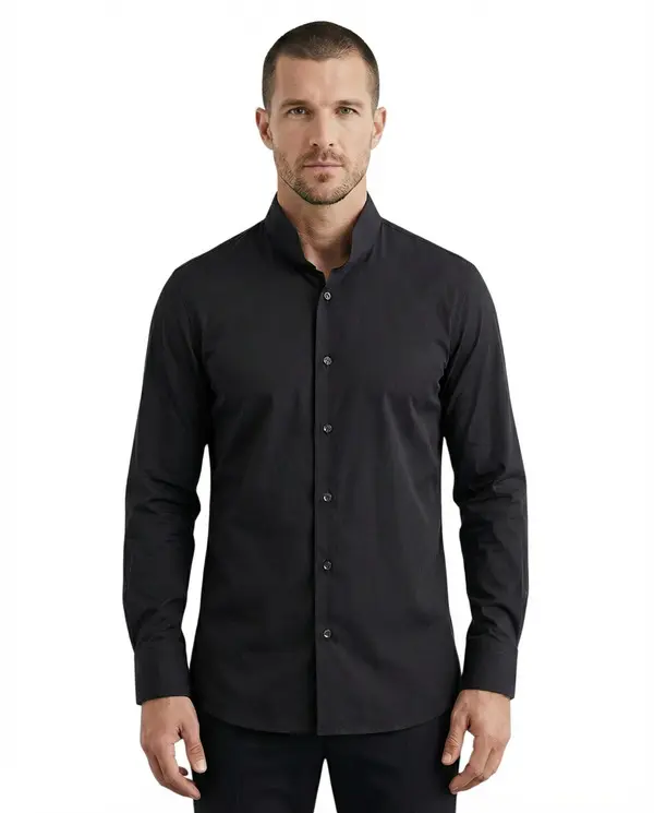 Slim-Fit Mandarin Collar Long Sleeve Shirt