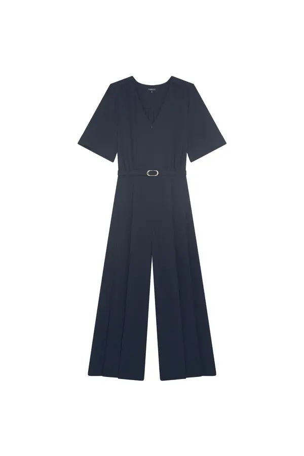 V-Neck Short Sleeve Jumpsuit with Gold Buckle Belt