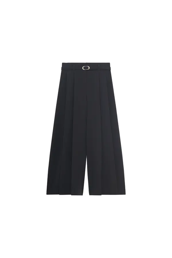 High-Waisted Wide-Leg Pleated Trousers with Gold Buckle