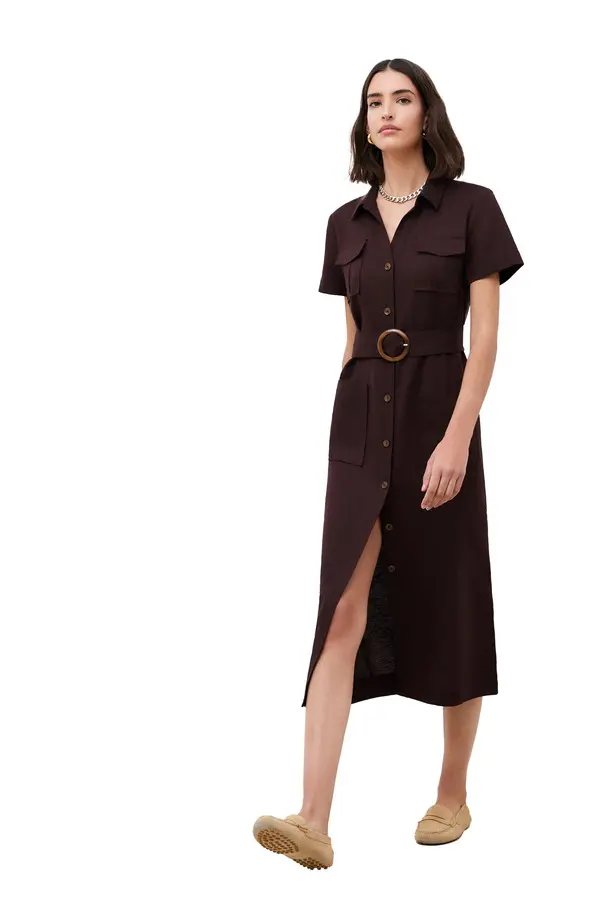 Tailored Pocket-Detail Midi Dress with Waist Belt