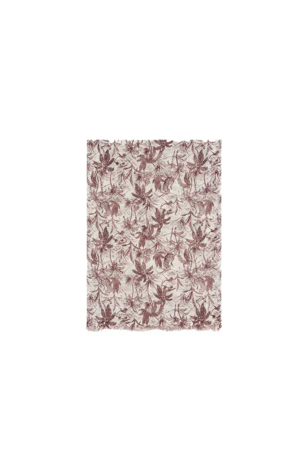 Vintage-Inspired Leaf Print Scarf with Frayed Hem