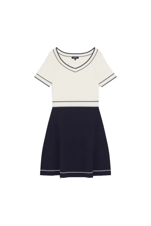 Short-Sleeve V-Neck Short Dress with Contrast Tipping