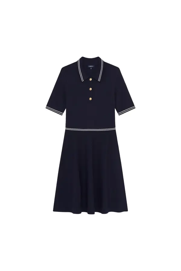 Fit-and-Flare Knit Dress with Gold Button Placket