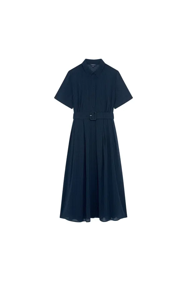 Textured Short-Sleeve Midi Dress with Buckle Detail