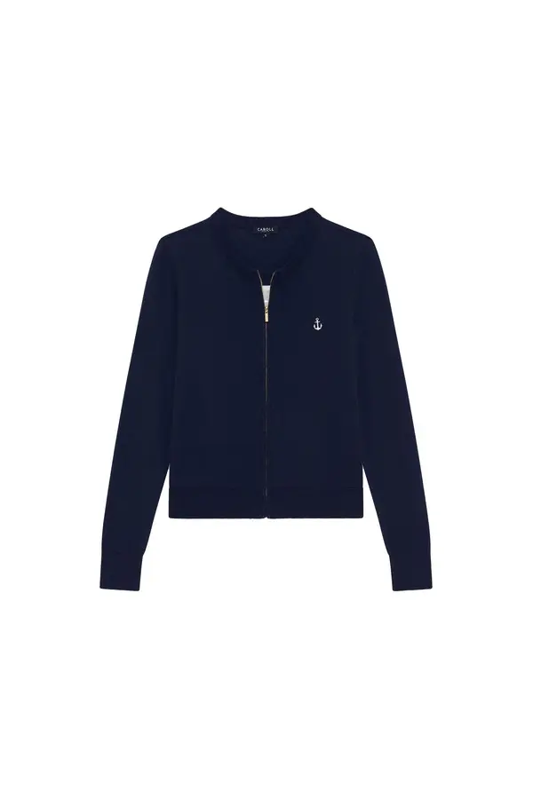 Zip-Up Cardigan with Anchor Embroidery