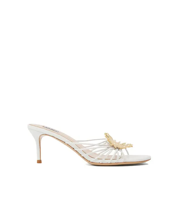 Strappy Heeled Mules with Gold Butterfly Embellishment