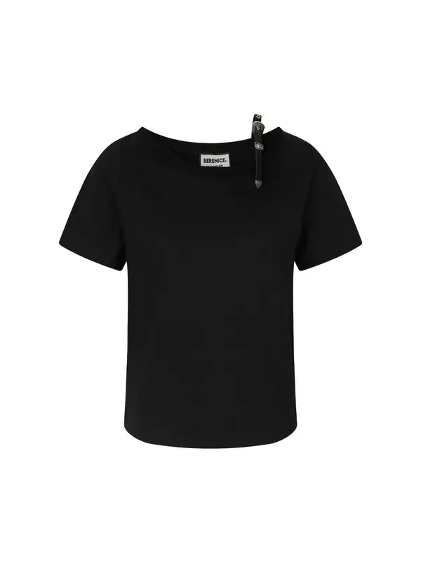 Short Sleeve T-Shirt With Open Neckline And Belt Buckle Detail