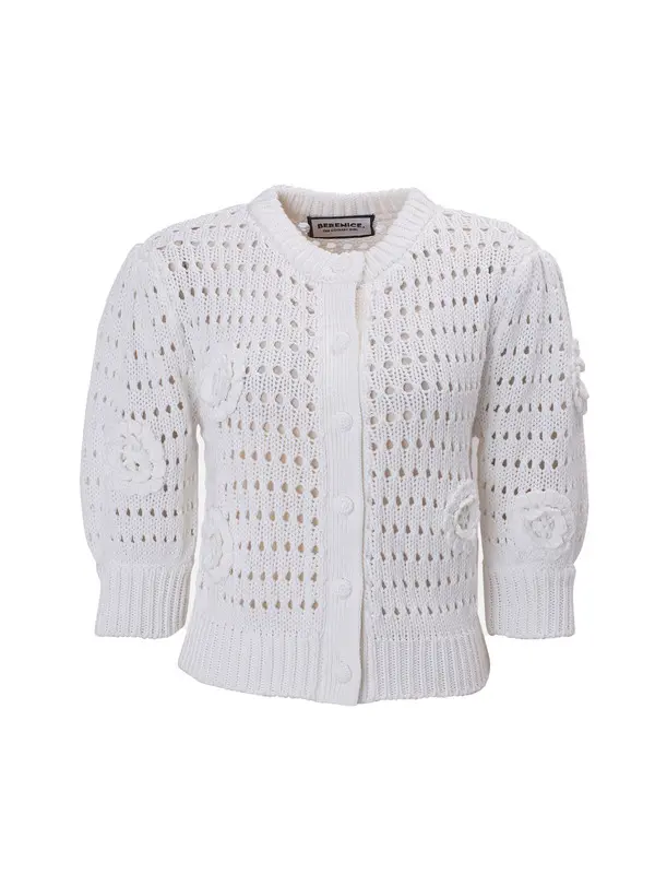 Short-Sleeved Round-Neck Cotton Cardigan With Flowers