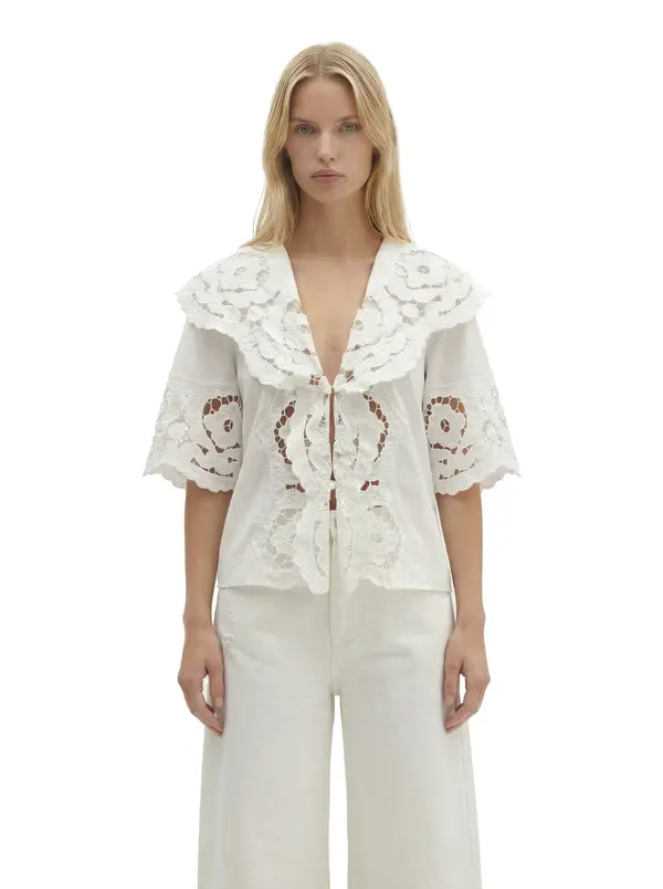 Shawl-Collar Shirt with Broderie Anglaise