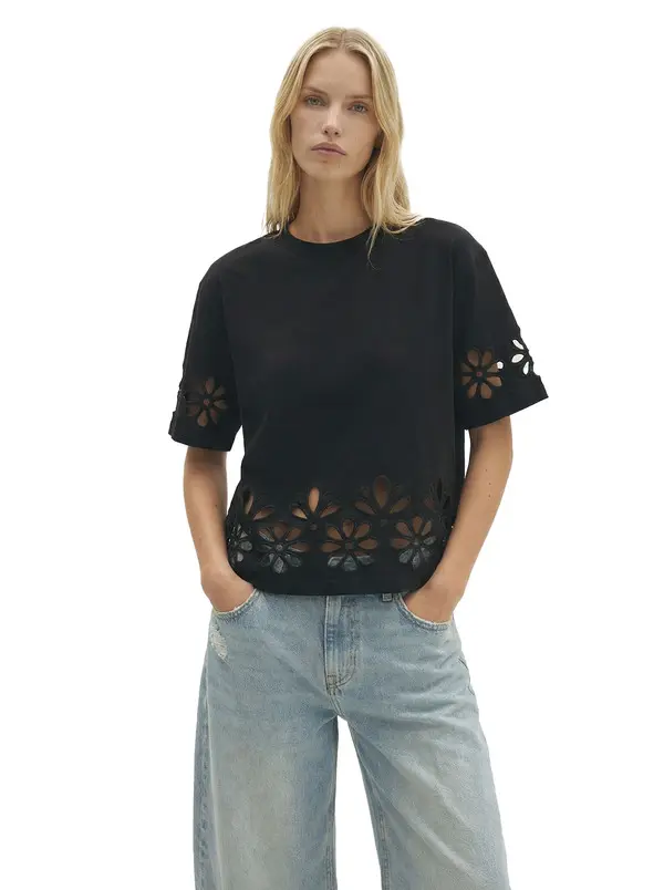 Round-Neck T-Shirt With Floral Cutouts