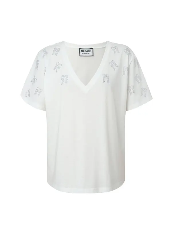 V-Neck T-Shirt With Rhinestone Wings