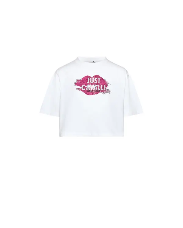 Crop-Style T-shirt with Glitter Lips Graphic