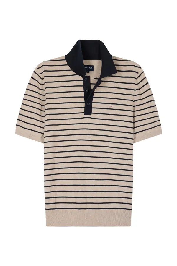 Short-Sleeve Striped Polo Collar Cotton Sweater