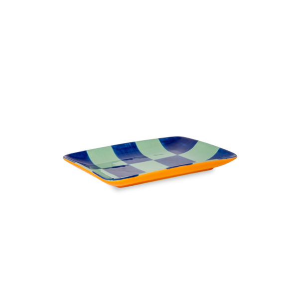 Stoneware Plate Size: 205 X 153 Cm Blue And Green Checkered Pattern